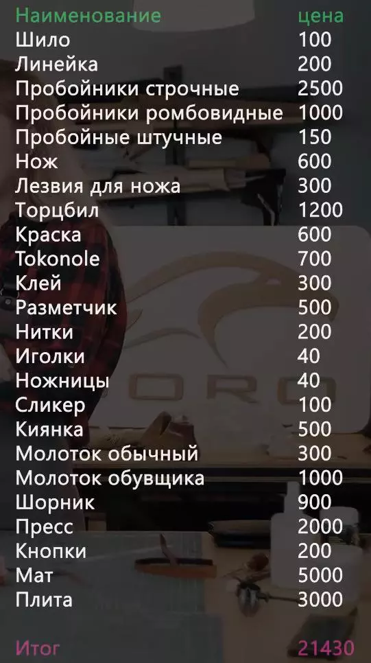 Список инструмента и материалов с ценой